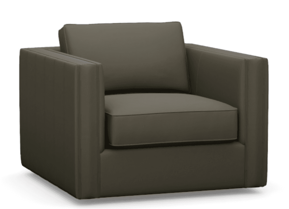 A modern armchair with a cubic silhouette. It features a low profile with thick, straight arms and a matching back cushion. The upholstery appears to be smooth and seamless, with subtle stitching details along the edges of the cushions and arms. — 3D model