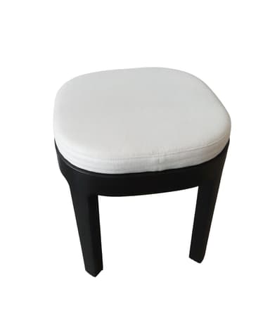 A modern round stool featuring a light-colored upholstered cushion atop a dark-stained solid wood frame with four tapered legs. — 3D model