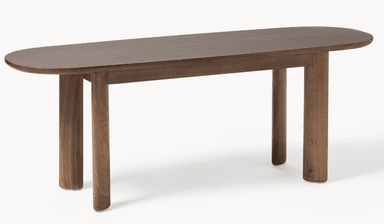 A minimalist wooden bench featuring an oval-shaped top and four sturdy, cylindrical legs, all crafted from dark-toned wood with a visible grain. The design is clean and contemporary with smoothly rounded edges. — 3D model