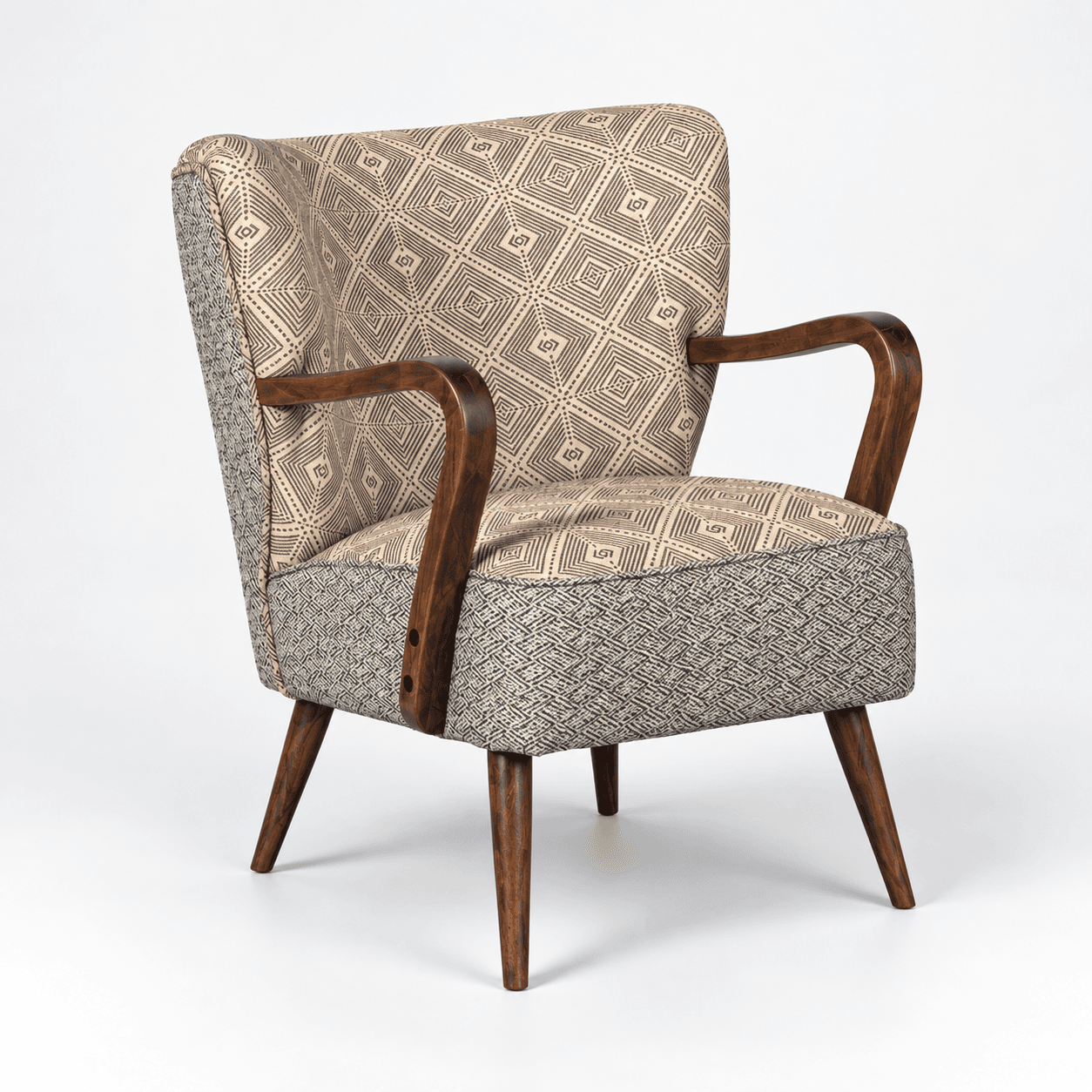 A vintage club armchair featuring a high back, upholstered seat, and distinct geometric fabric patterns. The chair includes gracefully curved exposed wooden armrests and four splayed, tapered wooden legs, indicative of mid-century design. — 3D model
