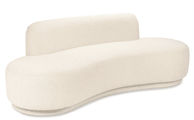 A contemporary sofa with a distinctive curved silhouette and a textured boucle upholstery. The design features a low profile base that curves outward, supporting a plush, rounded seating area. A vertically oriented, rounded backrest is integrated into the rear of the sofa, providing a unique visual element and support. The overall form is organic and inviting, with soft edges and a substantial yet streamlined appearance. — 3D model