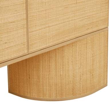 A contemporary console table featuring a rectangular top, two drawers on the front, and two curved leg structures at the base. The drawer fronts and the curved leg structures are covered in woven material, likely rattan or seagrass, giving it a natural texture. The top surface and the framing appear to be made of wood. — 3D model