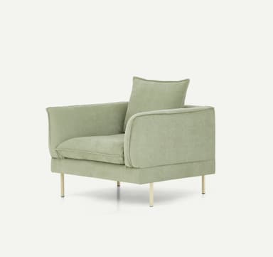A contemporary upholstered armchair featuring a soft, muted sage green fabric, loose seat and back cushions, and slender, complementary dark green metal legs. — 3D model