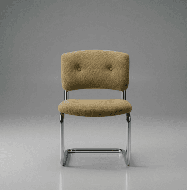 A cantilever dining chair featuring a tubular chrome frame and upholstered seat and backrest in a light beige fabric, with button tufting on the back. — 3D model