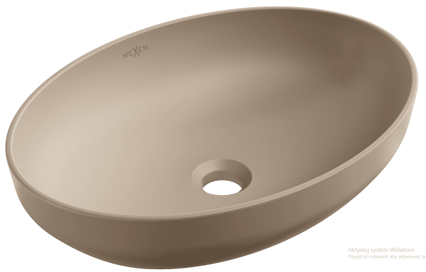 A smooth, oval-shaped countertop sink with a matte beige finish. It features a central drain opening and a subtle raised rim. The brand name 'MEXEN' is visible in a dark grey, embossed font on the interior upper left edge. — 3D model