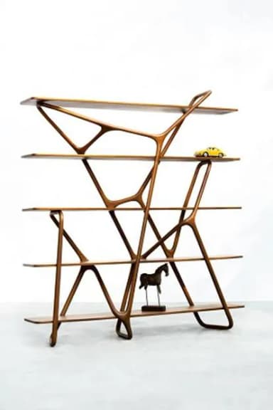 A modern, sculptural wooden shelving unit featuring a series of horizontally oriented shelves supported by an intricately curved and interlocking wooden frame. The frame creates an organic, flowing silhouette, with some supports appearing to wrap around the shelves. The shelves are of varying lengths and positions, creating an asymmetrical, multi-tiered display structure. The wood has a natural, light-to-medium brown tone with visible grain. — 3D model