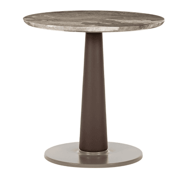 A contemporary round side table featuring a mottled gray and brown stone top, supported by a dark brown tapered pedestal column, and resting on a flat circular metallic base. — 3D model