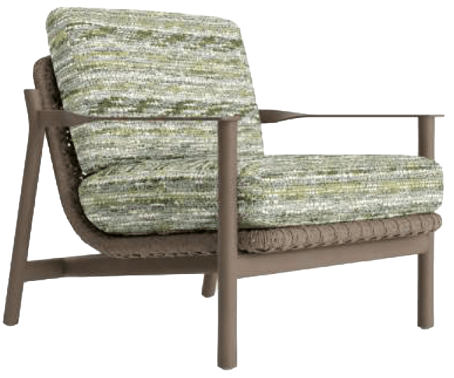 A modern armchair with a woven base and cushioned seating and backrest. The frame appears to be made of metal or a similar durable material, with clean lines and a minimalist aesthetic. The upholstery features a textured, multi-colored fabric predominantly in shades of green and white, giving it a vibrant yet natural appearance. The base utilizes a woven material, possibly rattan or a synthetic alternative, adding a textural contrast to the smooth frame and fabric. — 3D model