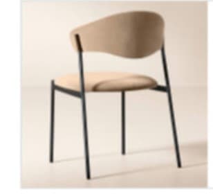 An armless modern side chair featuring a minimalist design. It has a round, cushioned seat and a gently curved backrest, both upholstered in a beige fabric. The frame consists of slender, black metal legs and supports. — 3D model