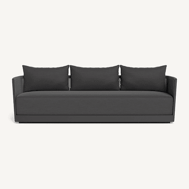 A modern outdoor sofa with a dark grey frame and woven rope detailing on the sides. The sofa features a flat seat cushion and three back cushions, all upholstered in a dark grey fabric. The frame appears to be made of metal, and the rope detailing suggests it is designed for outdoor use. The overall aesthetic is minimalist and contemporary. — 3D model