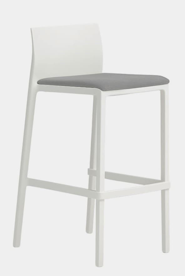A modern bar stool featuring a white frame with a subtly curved backrest and a gray upholstered seat. The design is minimalist, with square-profile legs and integrated footrests. — 3D model