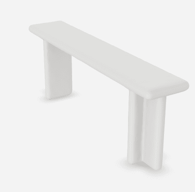 A minimalist bench with a rectangular seat and two vertical supports that appear to be fused or molded together in a single piece. The edges of the seat are rounded. The structure has a clean, modern aesthetic. — 3D model