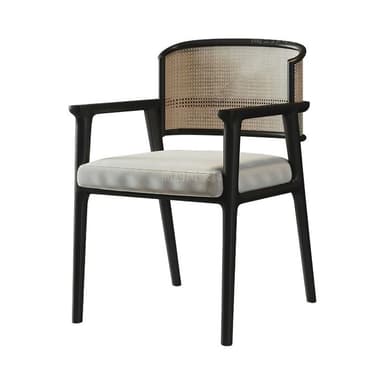 A modern armchair featuring a dark-stained wooden frame, a curved backrest with natural woven cane webbing, and a light-colored upholstered seat cushion. — 3D model