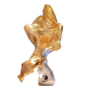 An abstract, biomorphic sculpture composed of two distinct, organically shaped elements. The top element is finished in a lustrous gold, while the bottom element is finished in a contrasting silver. Both sections feature textured, undulating surfaces that suggest a fluid, molten or cast metal form. The two pieces appear to be interlocked or balanced precariously, creating a dynamic and visually intriguing composition. The gold element shows visible fingerprint-like textures, adding to its unique character. — 3D model