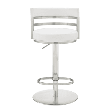 A modern bar stool with a round, white upholstered seat and backrest, supported by a brushed metal pedestal base. The stool features a height adjustment mechanism and a footrest ring. The backrest has a sleek metal frame with horizontal bars. — 3D model