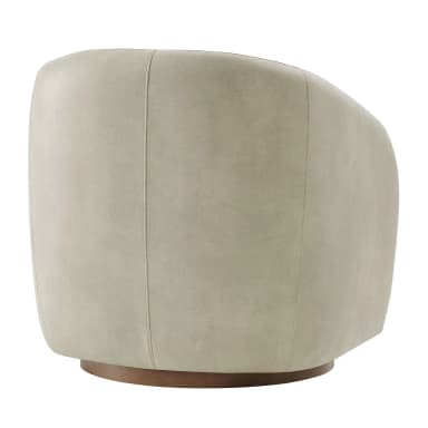 A contemporary upholstered swivel armchair with a rounded back and integrated arms, featuring a wooden swivel base and a matching spherical bolster pillow. The upholstery is a light beige or off-white textured fabric. — 3D model