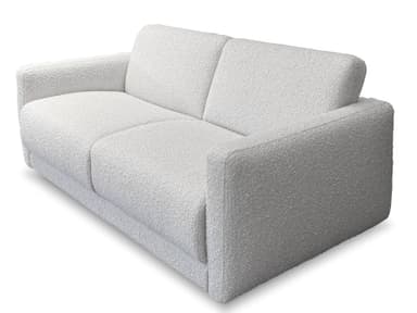 A modern sofa with a textured fabric upholstery. The sofa features a low profile with deep, plush cushions and rounded armrests. A distinctive design element is the integrated back cushion that curves upwards and outwards, creating a unique silhouette. The fabric has a boucle-like texture, giving it a soft and inviting appearance. The color is a neutral light gray or off-white. — 3D model
