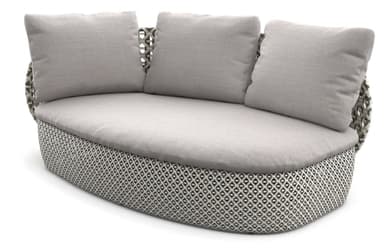 A contemporary curved outdoor sofa featuring a woven base and backrest with a geometric pattern, topped with light grey cushions. — 3D model