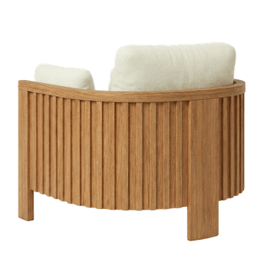 A contemporary armchair featuring a sturdy wooden frame and plush, upholstered cushions. The frame is constructed from light-colored wood with clean lines and a slatted detail on the vertical supports. The seat, backrest, and armrests are padded and covered in a textured, off-white fabric. Two loose back pillows are present: one larger lumbar pillow and two smaller bolster-style armrest pillows. The design appears to be minimalistic and modern. — 3D model