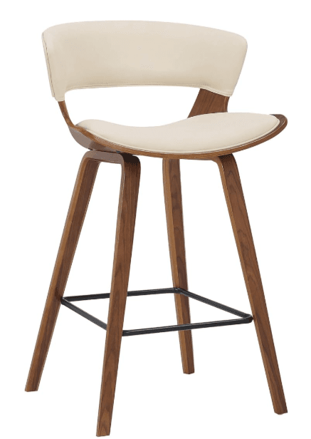 A bar stool with a curved seat and backrest upholstered in a light cream-colored material. The frame consists of four legs made of dark wood, angled outwards for stability. A black metal footrest connects the legs horizontally. The design appears to be modern or mid-century inspired, with a focus on curved lines and mixed materials. — 3D model