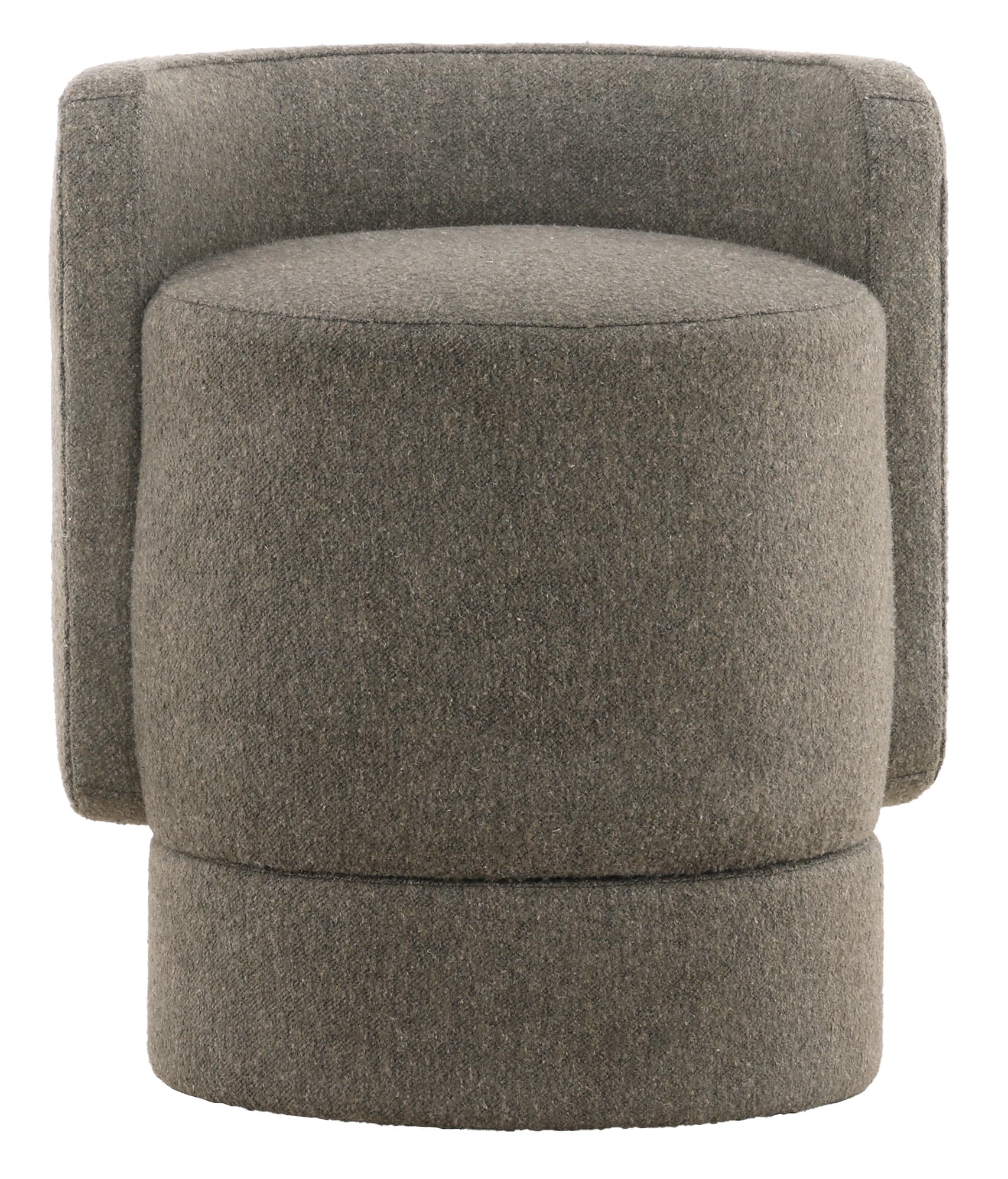 A plush, upholstered armchair with a rounded seat and backrest. The armchair features a distinct two-tiered base, with the upper tier accommodating the cylindrical seat and the lower tier providing stability. The upholstery has a textured appearance, suggesting a woven fabric. — 3D model