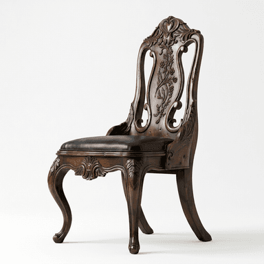An elaborately carved wooden side chair featuring dark, rich wood and a padded black upholstered seat. The chair's backrest is intricately carved with floral and foliate motifs, topped with a heart-shaped detail. The frame incorporates scrolling elements and acanthus leaf carvings. It stands on elegant cabriole front legs and saber-style rear legs, all in a matching dark wood finish. — 3D model