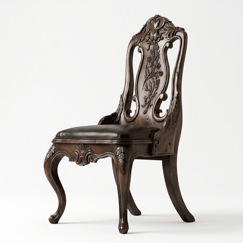 An elaborately carved wooden side chair featuring dark, rich wood and a padded black upholstered seat. The chair's backrest is intricately carved with floral and foliate motifs, topped with a heart-shaped detail. The frame incorporates scrolling elements and acanthus leaf carvings. It stands on elegant cabriole front legs and saber-style rear legs, all in a matching dark wood finish. — 3D model