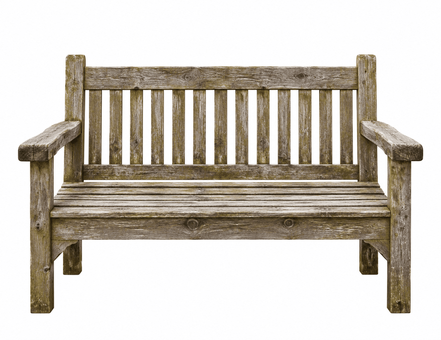 A robust outdoor bench constructed from thick, weathered wooden planks. It features a slatted seat and backrest, supported by sturdy rectangular legs and straight armrests. The wood exhibits significant signs of aging, including a greyish patina, visible grain, knots, and some green moss or lichen, indicating prolonged exposure to the elements. — 3D model