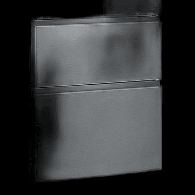 A stainless steel refrigerator, appearing to be a built-in or integrated model, featuring a double-door design with a freezer compartment above and a refrigerator compartment below. The doors are flush with the cabinet and seem to have minimal handles or no visible handles. The image quality does not allow for observation of any other features or branding. — 3D model
