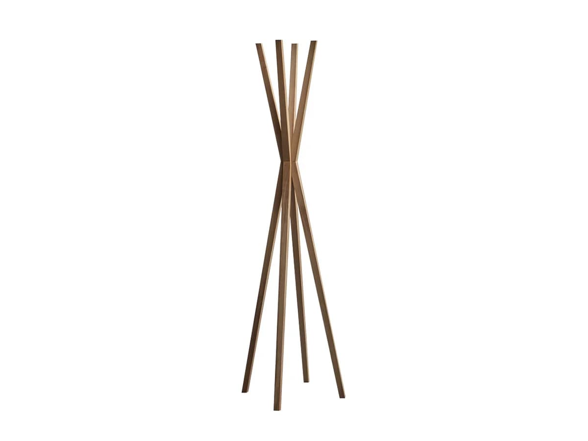 A modern, free-standing coat rack with a sculptural design. It features multiple slender wooden poles that fan out from a central point near the top, creating a visually appealing and functional structure for hanging coats or accessories. — 3D model