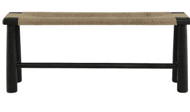 A rectangular bench featuring a woven natural fiber seat and a solid wooden frame with black finish, supported by four cylindrical legs and a stretcher bar. — 3D model