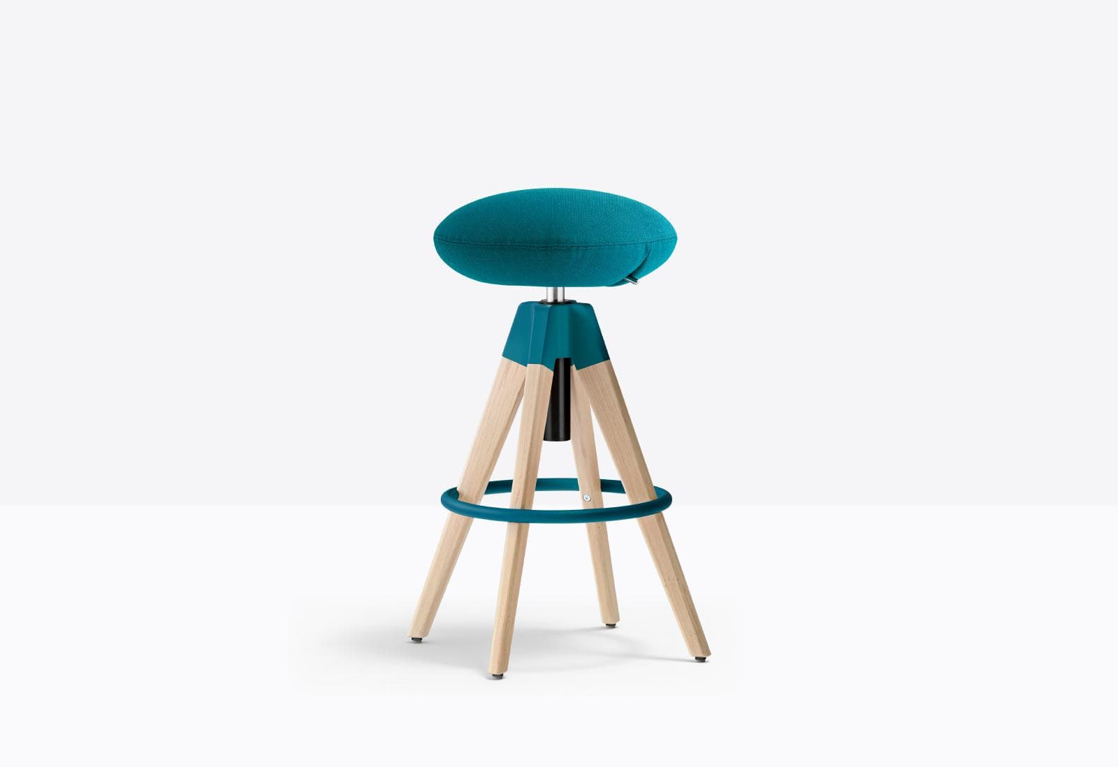 A modern bar stool with a distinctive design. It features a cushioned, oval-shaped seat upholstered in a textured teal fabric. The seat is supported by a teal-colored angular structure connected to three tapered wooden legs. A teal circular footrest connects the legs approximately midway down their length. The stool appears to have an adjustable height mechanism. — 3D model