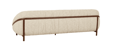A modern outdoor sofa with a distinctive curved silhouette, upholstered in light-colored, channel-tufted fabric, featuring a dark contrasting linear frame and throw pillows. — 3D model