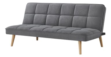 A gray upholstered futon or convertible sofa, shown from the rear with its backrest angled in a partially reclined position. The visible upholstery on the seat is a medium gray fabric with subtle tufting, while the rear of the backrest is covered in a plain black non-woven fabric, indicating its design for conversion. It stands on four light-colored, tapered wooden legs. — 3D model