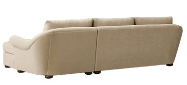 A three-seater sectional sofa with a right-hand facing chaise, upholstered in a light beige or cream fabric. It features rolled armrests, three separate seat cushions, and three individual back cushions on the main sofa segment, plus a large seat cushion and back cushion for the chaise. The sofa sits on short, dark brown round wooden feet. — 3D model