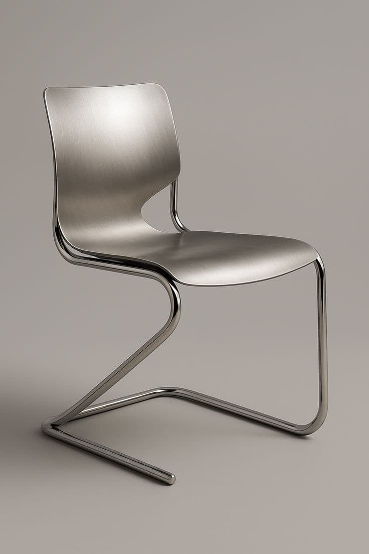 A modern cantilever chair featuring a seat and backrest made from brushed metal, supported by a polished chrome-plated tubular steel frame that forms an S-shaped base without rear legs. The seat and back are ergonomically curved, and the backrest includes a subtle cut-out detail. — 3D model
