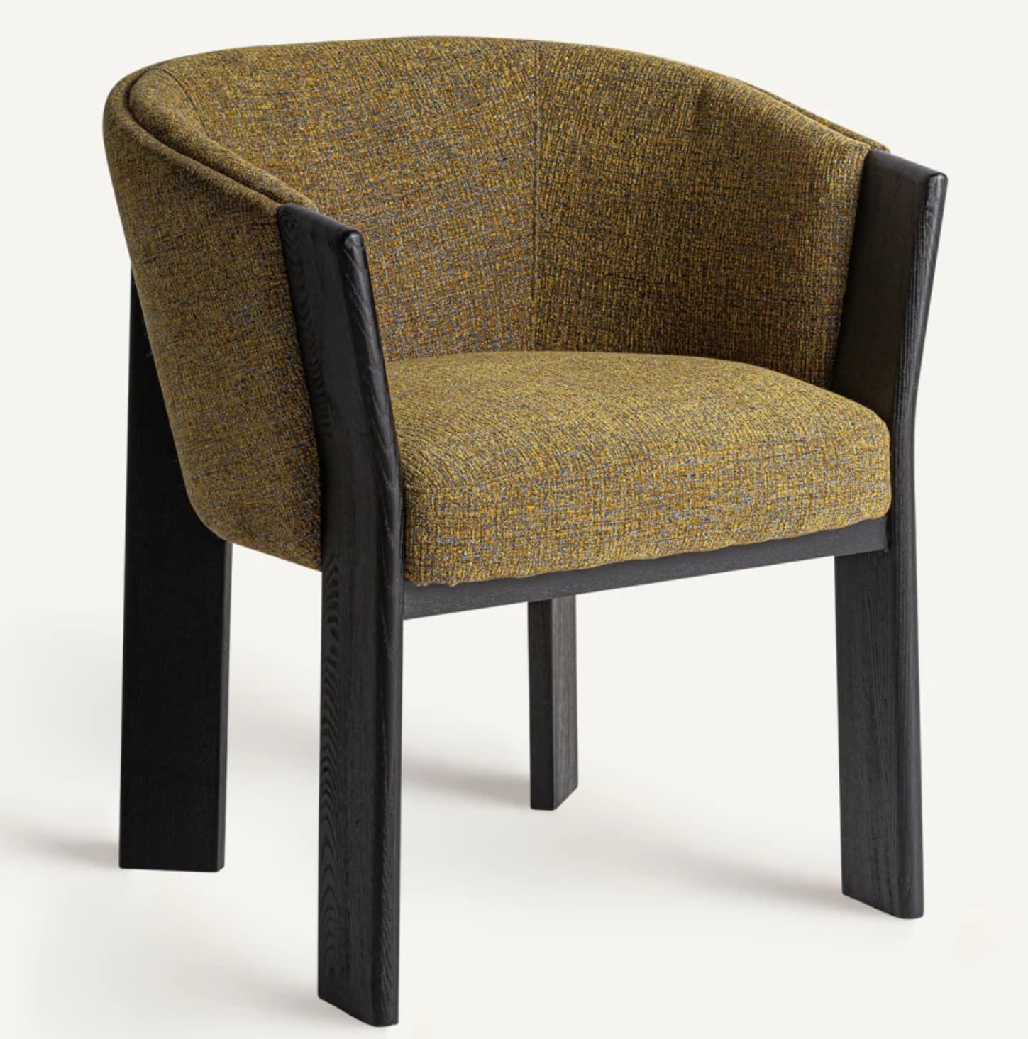 A contemporary armchair with a curved backrest and arms. The seat and back are upholstered in a textured fabric. The frame and legs are constructed from dark-finished wood, providing a stark contrast to the upholstery. — 3D model