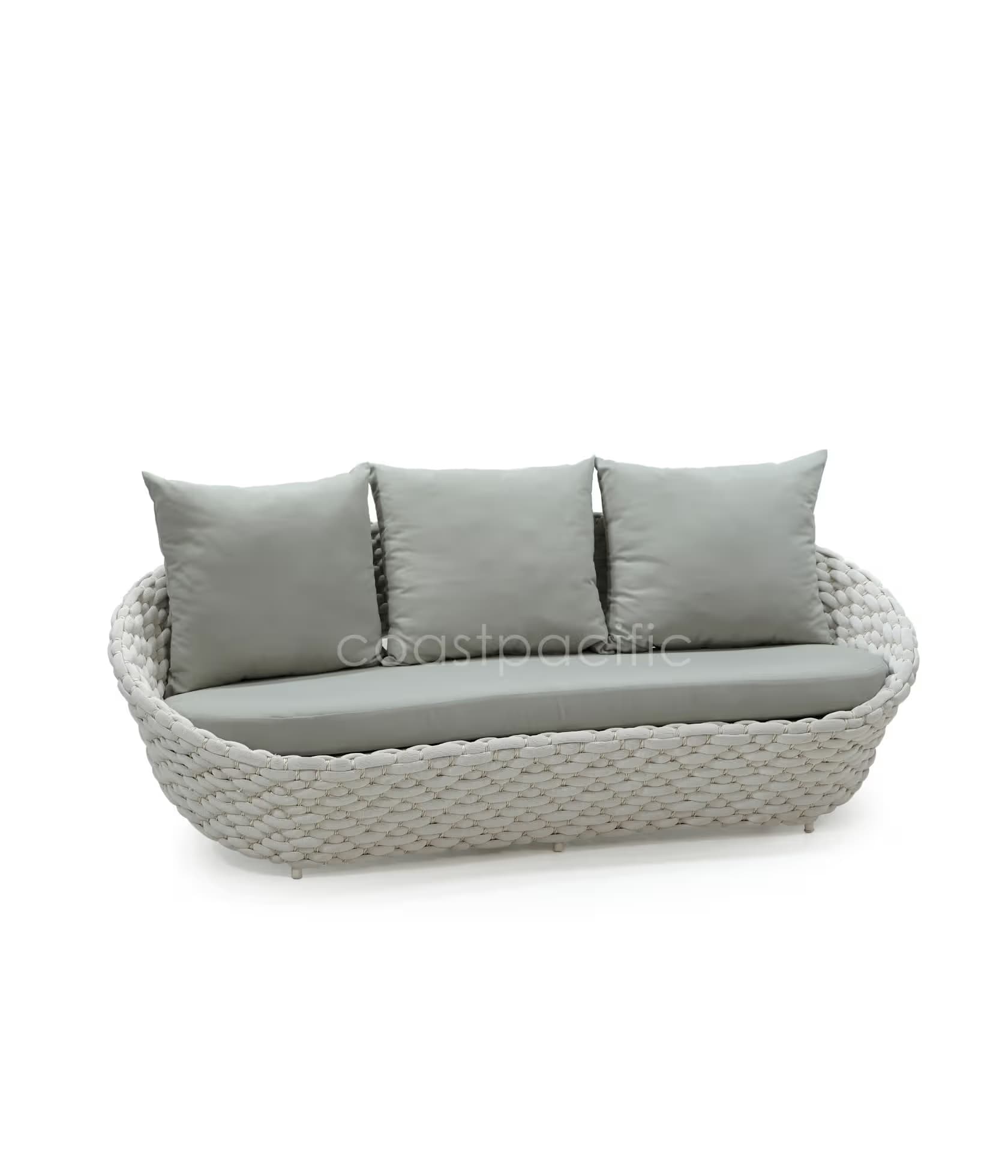 A light grey woven outdoor loveseat featuring a curved, oval-shaped body and upholstered with matching light grey seat and three back cushions. — 3D model