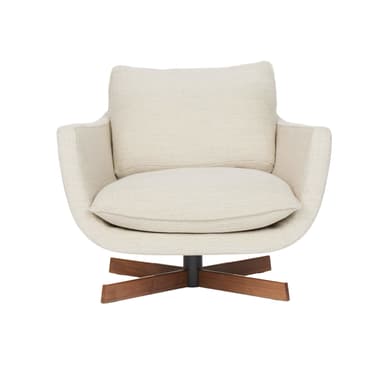A modern upholstered swivel lounge armchair with a splayed wooden base. — 3D model