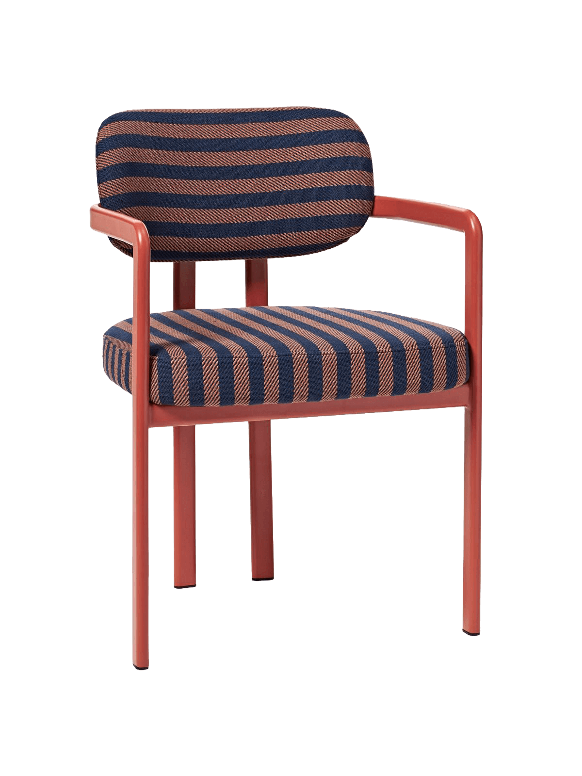 A modern armchair with a tubular metal frame and upholstered seat and backrest. The upholstery features a repeating striped pattern in navy blue and rust orange. The frame is a matte reddish-orange color. The armchair has a low profile with rounded armrests. — 3D model
