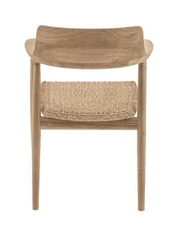 A wooden armchair with a woven seat and a curved backrest. The armchair features a solid wood frame with gently tapered legs and armrests. The seat is a woven rush or natural fiber material, providing a textural contrast to the smooth wood. — 3D model