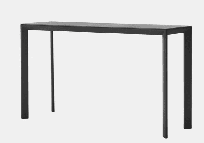 A minimalist console table featuring a rectangular dark-colored top supported by a slim, open metal frame. The design is sleek and modern, characterized by straight lines and a uniform dark finish, likely matte black or dark grey. The table's structure consists of two U-shaped leg assemblies joined by the tabletop, creating a visually light footprint. — 3D model