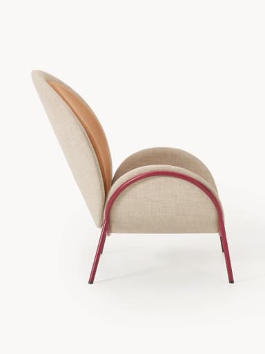 A contemporary lounge chair featuring a distinctive shell-like upholstered body with a separate seat and back cushion. The outer shell is covered in a light beige/cream fabric, while the inner circular back cushion and rectangular seat cushion are upholstered in a contrasting burnt orange/terracotta textured fabric. The entire upholstered form is cradled by a slender tubular metal frame, painted in a deep red or burgundy color, which also forms the four splayed legs. — 3D model
