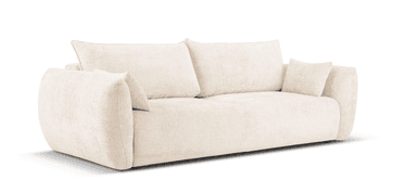 A contemporary two-seater sofa with a plush, textured upholstery. It features rounded, sculptural armrests and a low profile. The sofa is accompanied by three loose back cushions and two smaller accent pillows, all matching the main upholstery fabric. — 3D model