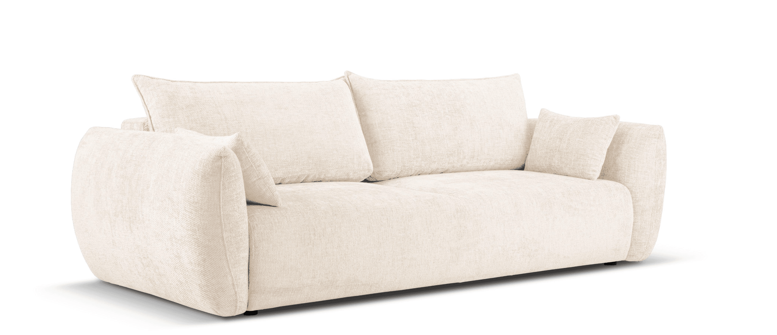 A contemporary two-seater sofa with a plush, textured upholstery. It features rounded, sculptural armrests and a low profile. The sofa is accompanied by three loose back cushions and two smaller accent pillows, all matching the main upholstery fabric. — 3D model