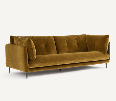 A modern three-seater sofa upholstered in olive green velvet fabric, featuring a clean, minimalist design with plush cushions and slender metal legs. The back cushions have subtle button tufting, and the sofa includes armrests that are integrated into the main body, providing a cohesive aesthetic. Piping details outline the edges of the cushions and the sofa's frame. — 3D model