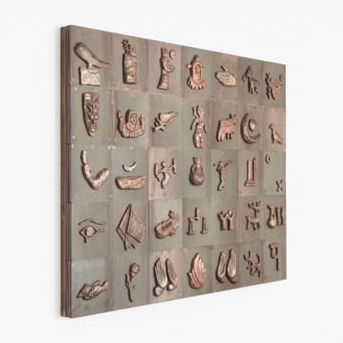 A large, rectangular wall-mounted art piece composed of multiple square panels, each featuring a distinct bas-relief sculpture. The reliefs depict a variety of abstract symbols, human figures, animals, and classical iconography. The material appears to be patinated bronze or a similar copper alloy, giving it a rich, textured, and aged appearance. — 3D model