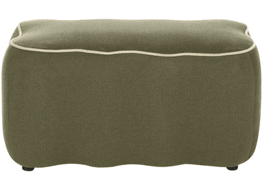 A contemporary rectangular ottoman upholstered in a textured olive green knitted fabric. It features soft, rounded edges and a light-colored contrast piping along the top perimeter. The base of the ottoman has a subtle wavy profile and rests on small, discreet dark feet. — 3D model