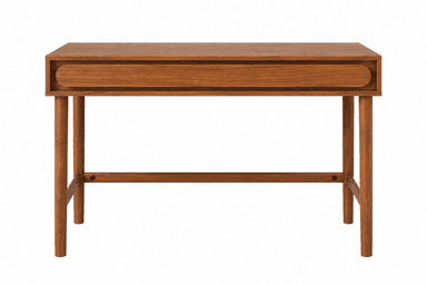 A minimalist, rectangular console table crafted from warm-toned wood, likely teak or walnut. It features a single, integrated drawer with a recessed, curved pull on the front. The table stands on four round, tapered legs connected by a horizontal stretcher bar for stability, reflecting a mid-century modern or Scandinavian design aesthetic. The overall finish appears smooth and unblemished. — 3D model