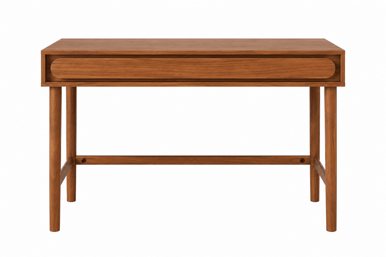 A minimalist, rectangular console table crafted from warm-toned wood, likely teak or walnut. It features a single, integrated drawer with a recessed, curved pull on the front. The table stands on four round, tapered legs connected by a horizontal stretcher bar for stability, reflecting a mid-century modern or Scandinavian design aesthetic. The overall finish appears smooth and unblemished. — 3D model
